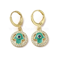 Hamsa Hand Real 18K Gold Plated Brass Dangle Leverback Earrings, with Enamel and Cubic Zirconia, Sea Green, 27x12mm(EJEW-Q797-10G-02)