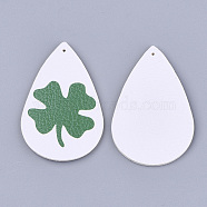 PU Leather Big Pendants, teardrop, with Clover Pattern, Irish Charms, White, 56x37x1.5mm, Hole: 1.2mm(X-FIND-S311-007C-A)