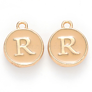 Golden Plated Alloy Enamel Charms, Cadmium Free & Lead Free, Enamelled Sequins, Flat Round with Letter, Wheat, Letter.R, 14x12x2mm, Hole: 1.5mm(X-ENAM-S118-06R)