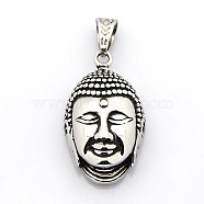 Retro 304 Stainless Steel Buddha Head Pendants, Antique Silver, 43x25x15mm, Hole: 7x11mm(STAS-F006-092)