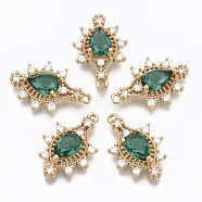 Glass Pendants, with Brass Micro Pave Cubic Zirconia, Faceted, Eye, Light Gold, Light Sea Green, 24.5x16.5x6mm, Hole: 1.4mm(X-GLAA-T021-02A)