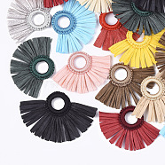 Raffia Tassel Pendant, with Polyester Link Ring, Fan, Mixed Color, 47~55x68~78x5~6mm, Hole: 14mm(FIND-S305-01)