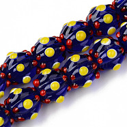 Handmade Lampwork Beads Strands, Bumpy, Corrugated Beads, Round, Dark Blue, 14x14x12mm, Hole: 1.5mm, about 45pcs/strand, 25.20 inch(64cm)(LAMP-N021-007F)