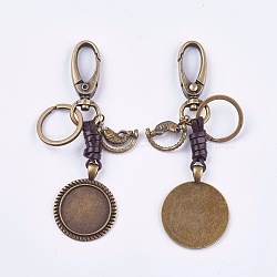 Alloy Keychain Findings, Cabochon Settings, Cadmium Free & Lead Free, Flat Round and Fish, Antique Bronze, Tray: 25mm, 110mm(KEYC-K011-39AB)