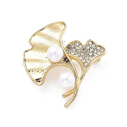 Alloy Brooch, with Rhinestone and ABS Imitation Pearl, Leaf, Golden, 32x33mm(JEWB-C037-29B-G)