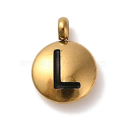 304 Stainless Steel Black Enamel Charms, Golden, Flat Round with Letter Charm, Letter L, 11x8x2.5mm, Hole: 1.8mm(STAS-R009-01G-L)