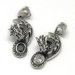 Fashionable Retro 304 Stainless Steel Rhinestone Dragon Pendants, Antique Silver, Mixed Color, 36x17x10mm, Hole: 5x7mm(STAS-L017-143)