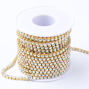 Brass Rhinestone Strass Chains, with Spool, Rhinestone Cup Chains, Raw(Unplated), Nickel Free, Crystal AB, 3.5mm, about 10yards/roll