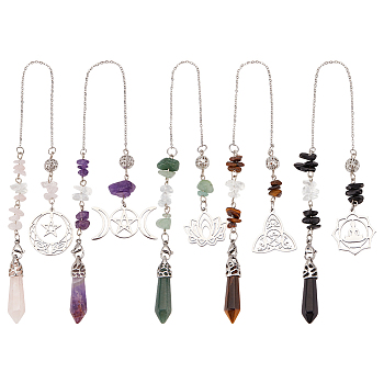 5Pcs 5 Style Natural Gemstone Pointed Dowsing Pendulums, with Stainless Steel Findings, Bullet, 266~270mm, 1pc/style