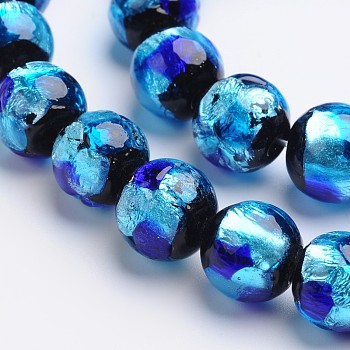 Handmade Silver Foil Glass Round Beads, Blue, 10mm, Hole: 1mm