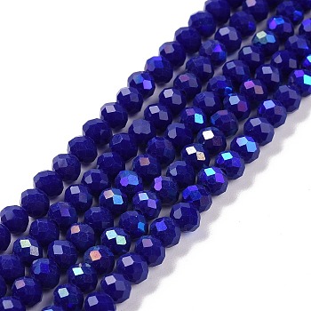 Electroplate Opaque Solid Color Glass Beads Strands, Half Rainbow Plated, Faceted, Rondelle, Blue, 4x3mm, Hole: 0.4mm, about 113~115pcs/strand, 41~42cm