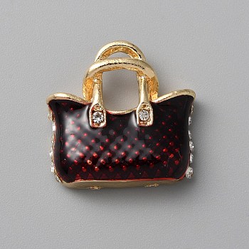 Alloy Rhinestone Pendants, with Enamel, Handbag Charm, Light Gold, Dark Red, 19.5x20x5.5mm, Hole: 5.4x4.5mm