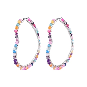 201 Stainless Steel Hoop Earrings, Beaded Hoop Earrings, with Natural Agate Beads, Heart, 72x63x4.5mm, Pin: 1x0.6mm