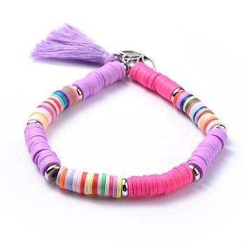 Cotton Thread Tassel Charm Bracelets, Stretch Bracelets, with Polymer Clay Heishi Beads Beads,  Flat Round Brass Bead Spacers and Tibetan Style Alloy Lotus Pendants, Lilac, 2 inch(5cm), 6mm