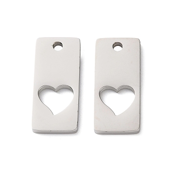304 Stainless Steel Pendants, Cut-Out Rectangle with Heart Charms, Stainless Steel Color, 18x8x1.3mm, Hole: 1.6mm