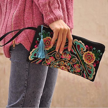Embroidered Cloth Handbags, Clutch Bag with Zipper, Rectangle with Flower Pattern, Colorful, 140x270mm