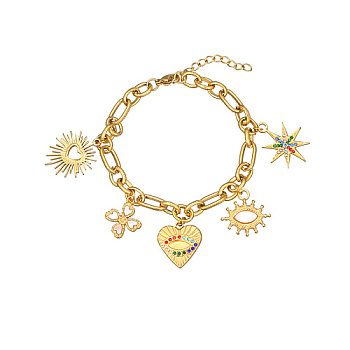 Heart & Eye & Star Stainless Steel Cubic Zirconia Charm Bracelet for Women, Golden, 6-1/4 inch(16cm)