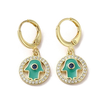 Hamsa Hand Real 18K Gold Plated Brass Dangle Leverback Earrings, with Enamel and Cubic Zirconia, Sea Green, 27x12mm