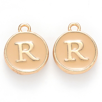 Golden Plated Alloy Enamel Charms, Cadmium Free & Lead Free, Enamelled Sequins, Flat Round with Letter, Wheat, Letter.R, 14x12x2mm, Hole: 1.5mm