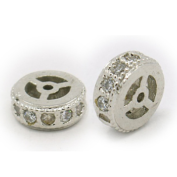 Brass Cubic Zirconia Beads, Flat Round, Platinum, 8x2.5mm, Hole: 1mm