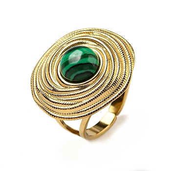 304 Stainless Steel Open Cuff Rings, Synthetic Malachite Round Finger Rings for Women Men, Real 18K Gold Plated, Adjustable