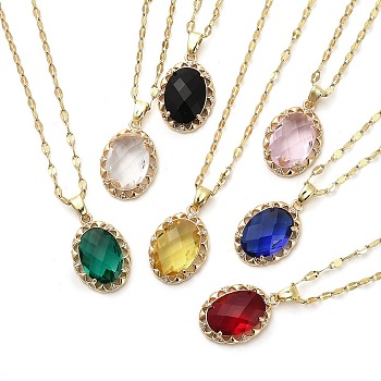 Oval Light Gold Brass Micro Pave Cubic Zirconia Pendant Necklaces, with Glass, Mixed Color, 16.06 inch(40.8cm)