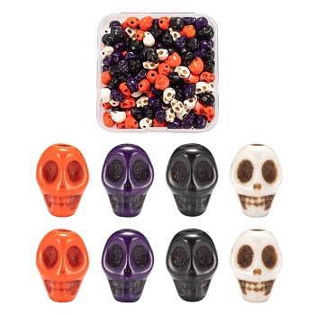 200Pcs 4 Colors Dyed Synthetic Turquoise Beads Strands, Skull, Mixed Color, 8x6x7mm, Hole: 1mm, 50Pcs/Color