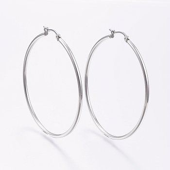 304 Stainless Steel Big Hoop Earrings, Hypoallergenic Earrings, Ring Shape, Stainless Steel Color, 12 Gauge, 54~56x2mm, Pin: 0.7~1.3x0.68mm