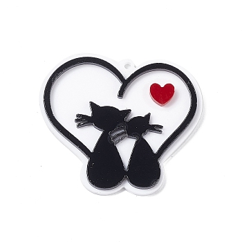 Acrylic Pendants, Heart with Cat Pattern, Black, 36x41x3.7mm, Hole: 1.6mm