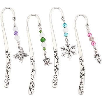 Glass Beaded Bookmarks, Flower Pattern Tibetan Style Alloy Hook Bookmark, Butterfly/Flower/Tortoise/Snowflake Pendant Book Markers, Antique Silver, 161~166mm, 1pc/style, 4 style, 4pcs/set
