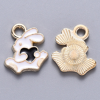 Alloy Enamel Charms, Rabbit with Heart, Light Gold, Black, 13.5x12x1.5mm, Hole: 2mm