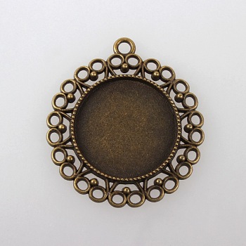 Vintage Tibetan Style Alloy Flower Pendant Cabochon Bezel Settings, Cadmium Free & Nickel Free & Lead Free, Antique Bronze, Flat Round Tray: 25mm, 43x39x3mm, Hole: 3mm