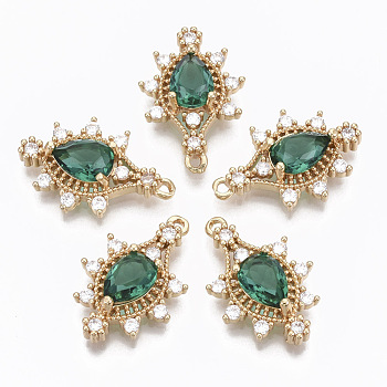 Glass Pendants, with Brass Micro Pave Cubic Zirconia, Faceted, Eye, Light Gold, Light Sea Green, 24.5x16.5x6mm, Hole: 1.4mm