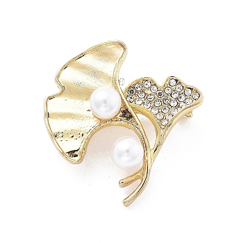 Alloy Brooch, with Rhinestone and ABS Imitation Pearl, Leaf, Golden, 32x33mm