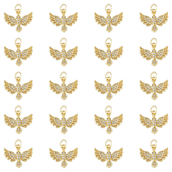 Brass Micro Pave Clear Cubic Zirconia Charms, with Jump Ring, Cadmium Free & Lead Free, Bird, Real 18K Gold Plated, 12.5x15x3mm, Hole: 3mm, 20pcs/box