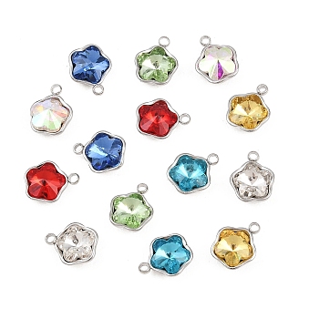 Glass Charms, with 201 Stainless Steel Settings, Faceted, Mixed Color, Stainless Steel Color, Flower, 9x7.5x4mm, Hole: 1.2mm
