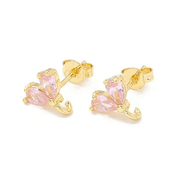 Rack Plating Brass Cubic Zirconia Stud Earrings Findings, Real 18K Gold Plated, with Loop, Cadmium Free & Lead Free, Heart, Pink, 9x8.5mm, Hole: 1.5mm, Pin: 1mm