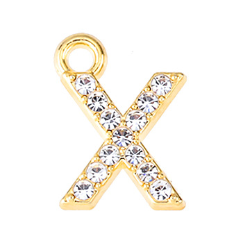 Golden Tone Alloy Rhinestone Pendants, Letter X, 13mm