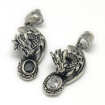 Fashionable Retro 304 Stainless Steel Rhinestone Dragon Pendants, Antique Silver, Mixed Color, 36x17x10mm, Hole: 5x7mm