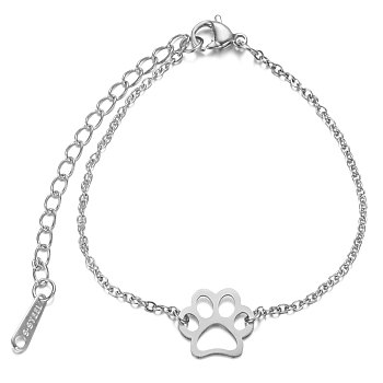 201 Stainless Steel Link Bracelets, with Cable Chains and Lobster Claw Clasps, Dog Paw Prints, Stainless Steel Color, 6 inch~6-3/4 inch(15~17cm), 1.5mm