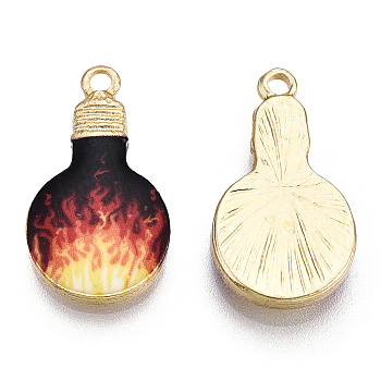 Printed Alloy Enamel Pendants, Lead Free & Nickel Free & Cadmium Free, Light Gold, Light Bulb Charm, Fire Pattern, 22x12x2.5mm, Hole: 1.8mm