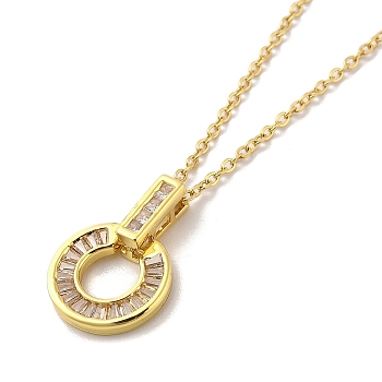 304 Stainless Steel Pendant Necklaces, Brass Micro Pave Clear Cubic Zirconia Pendant Necklaces, Flat Round, 17.91 inch(45.5cm)  Pendant: 14x14.5mm