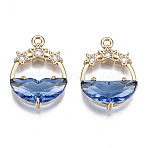 Faceted Transparent Glass Pendants, with Brass Crystal Rhinestone Findings, Flat Round with Star, Light Gold, Royal Blue, 21x15x5mm, Hole: 1.4mm(X-GLAA-T020-18A)