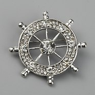 Helm Alloy Crystal Rhinestone Safety Pin Brooch, for Backpack Clothes, Platinum, 35.5x36mm, Pin: 0.7mm(JEWB-WH0010-16P)