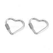 304 Stainless Steel Screw Carabiner Lock Charms, for Necklaces Making, Heart, Stainless Steel Color, 22x24.5x4mm, Screw: 7x4x4.5mm(STAS-K192-03P)