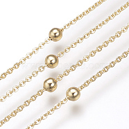 Brass Cable Chains, Satellite Chains, with Round Beads, Soldered, Flat Oval, Nickel Free, Real 18K Gold Plated, 1.5x1.4x0.3x0.4mm(X-KK-S332-17G)