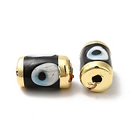 Handmade Evil Eye Lampwork Beads, with Light Gold Tone Brass Findings, Long-Lasting Plated, Lead Free and Cadimum Free, Column, Black, 14.5~15x9~9.5mm, Hole: 1.8mm(LAMP-M012-01LG-B)