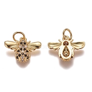 Brass Micro Pave Cubic Zirconia Charms, with Jump Rings, Bees, Black & Clear, Golden, 11.5x15x3mm, Hole: 3mm(ZIRC-G153-31G)