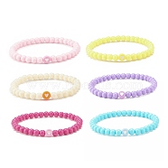 6Pcs 6 Color Flat Round with Heart Acrylic Beaded Stretch Bracelets Set for Women, Mixed Color, Inner Diameter: 2-1/8 inch(5.4cm), 1Pc/color(BJEW-JB08062)