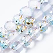 Frosted Spray Painted Glass Beads Strands, with Golden Foil, Round, Lavender Blush, 8~9mm, Hole: 1.2~1.5mm, about 46~56pcs/Strand, 14.37 inch~16.3 inch(36.5~41.4cm)(X-GLAA-N035-03C-C07)